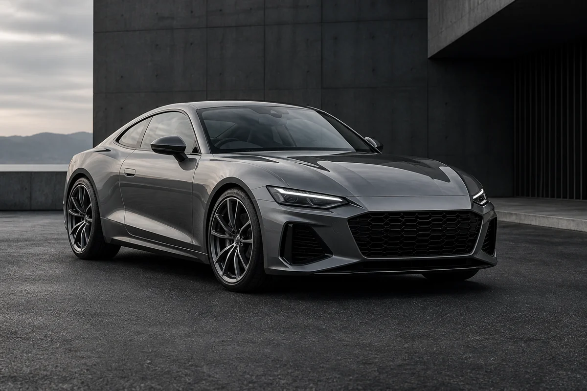 Graphite silver sports coupe parked against a charcoal architectural backdrop